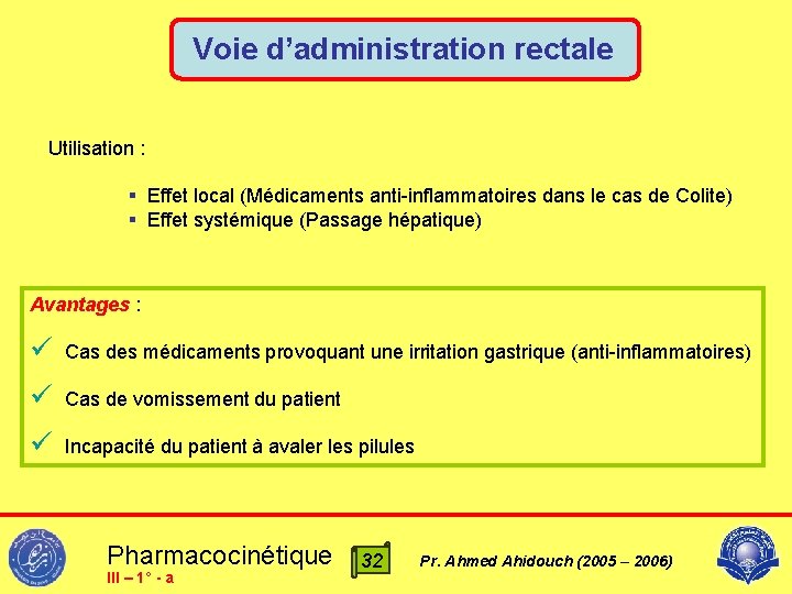 Voie d’administration rectale Utilisation : § Effet local (Médicaments anti-inflammatoires dans le cas de