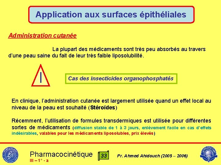 Application aux surfaces épithéliales Administration cutanée La plupart des médicaments sont très peu absorbés