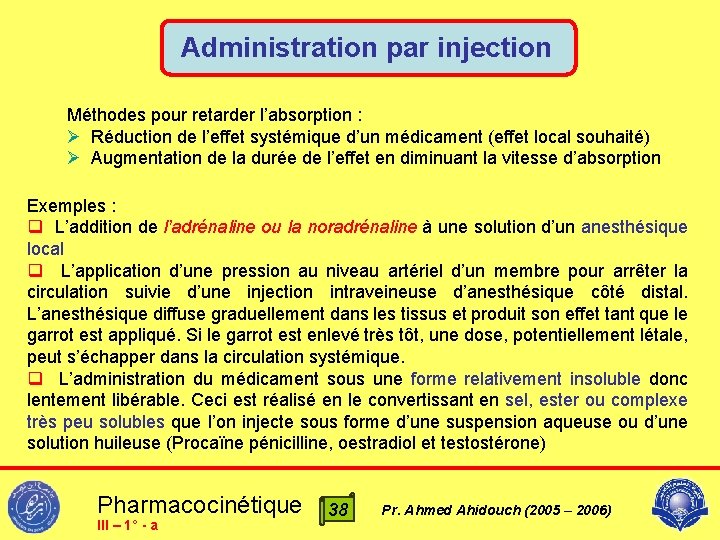 Administration par injection Méthodes pour retarder l’absorption : Ø Réduction de l’effet systémique d’un