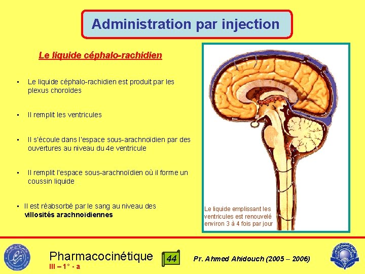 Administration par injection Le liquide céphalo-rachidien • Le liquide céphalo-rachidien est produit par les