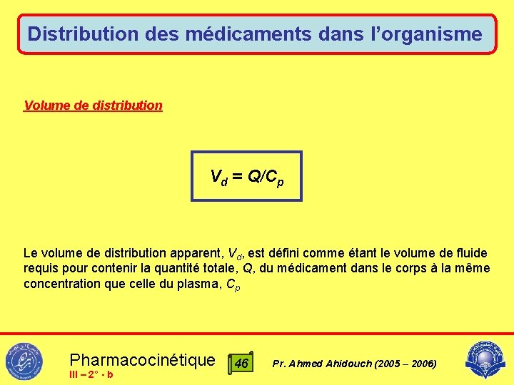 Distribution des médicaments dans l’organisme Volume de distribution Vd = Q/Cp Le volume de