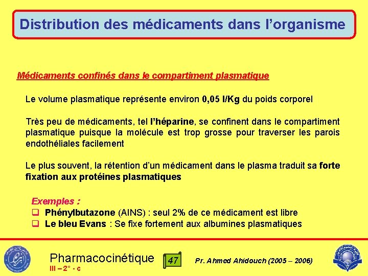 Distribution des médicaments dans l’organisme Médicaments confinés dans le compartiment plasmatique Le volume plasmatique