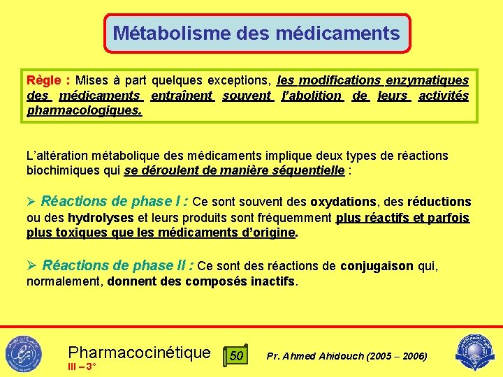 Métabolisme des médicaments Règle : Mises à part quelques exceptions, les modifications enzymatiques des