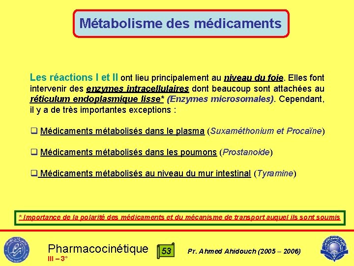 Métabolisme des médicaments Les réactions I et II ont lieu principalement au niveau du