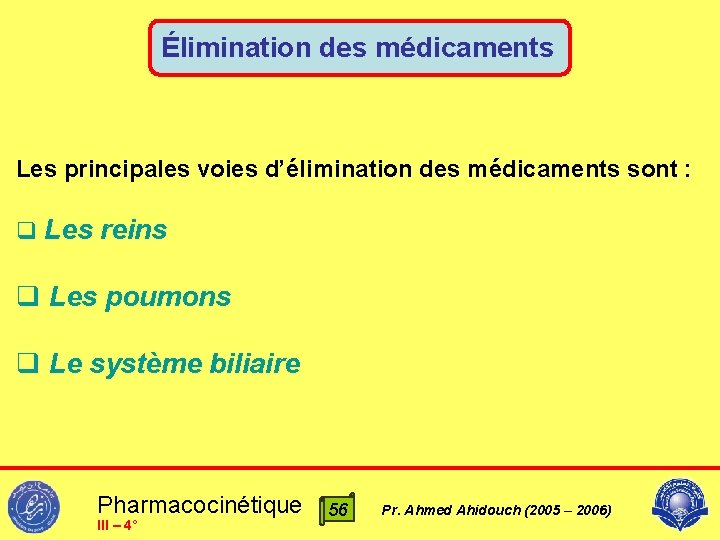 Élimination des médicaments Les principales voies d’élimination des médicaments sont : q Les reins