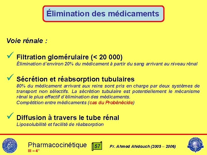 Élimination des médicaments Voie rénale : ü Filtration glomérulaire (< 20 000) Élimination d’environ