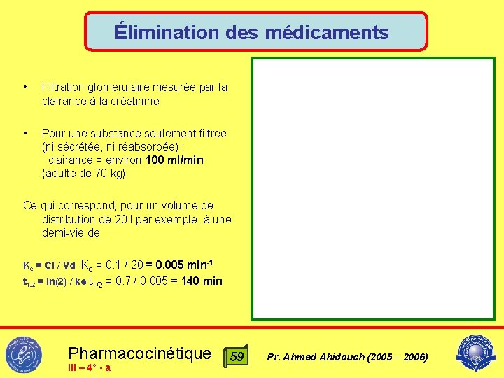 Élimination des médicaments • Filtration glomérulaire mesurée par la clairance à la créatinine •