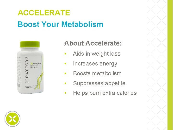 ACCELERATE Boost Your Metabolism special slide About Accelerate: • Aids in weight loss •