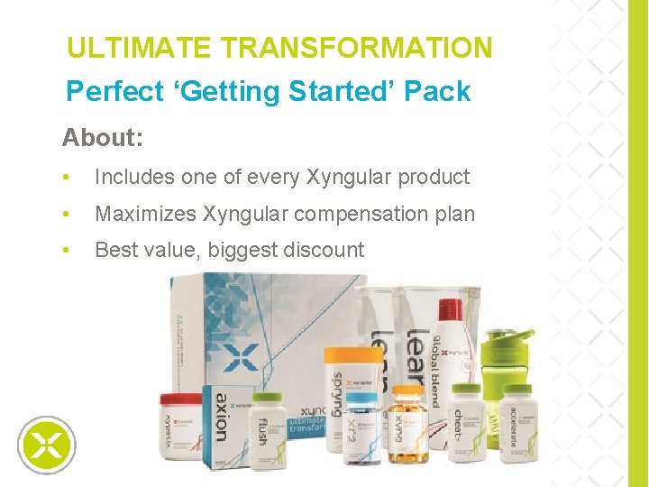 ULTIMATE TRANSFORMATION Perfect ‘Getting Started’ Pack About: • Includes one of every Xyngular product
