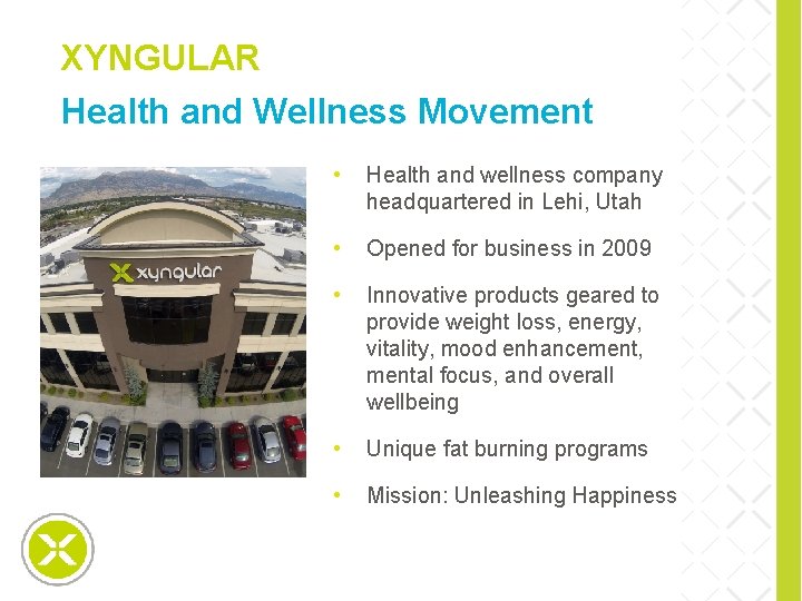 XYNGULAR Health and Wellness Movement special slide • Health and wellness company headquartered in