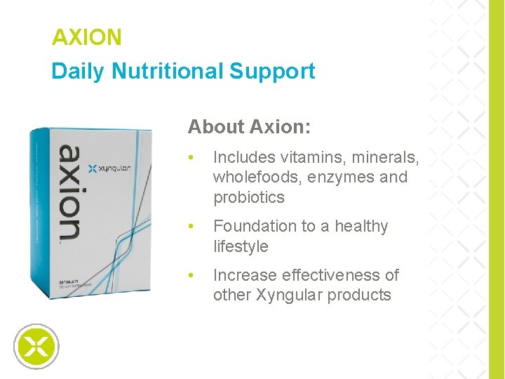 AXION Daily Nutritional Support special slide About Axion: • Includes vitamins, minerals, wholefoods, enzymes