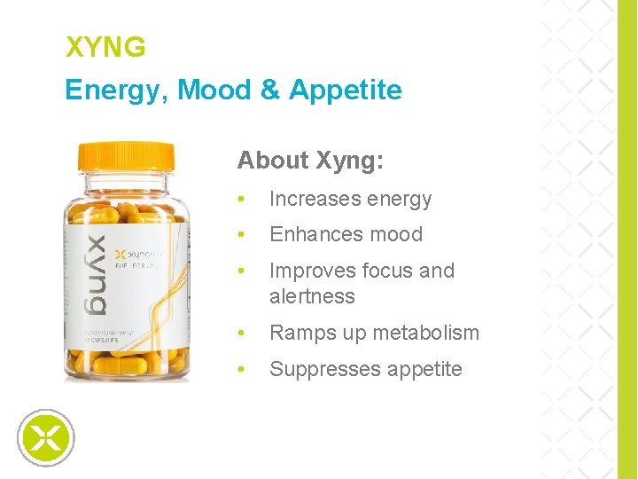 XYNG Energy, Mood & Appetite special slide About Xyng: • Increases energy • Enhances
