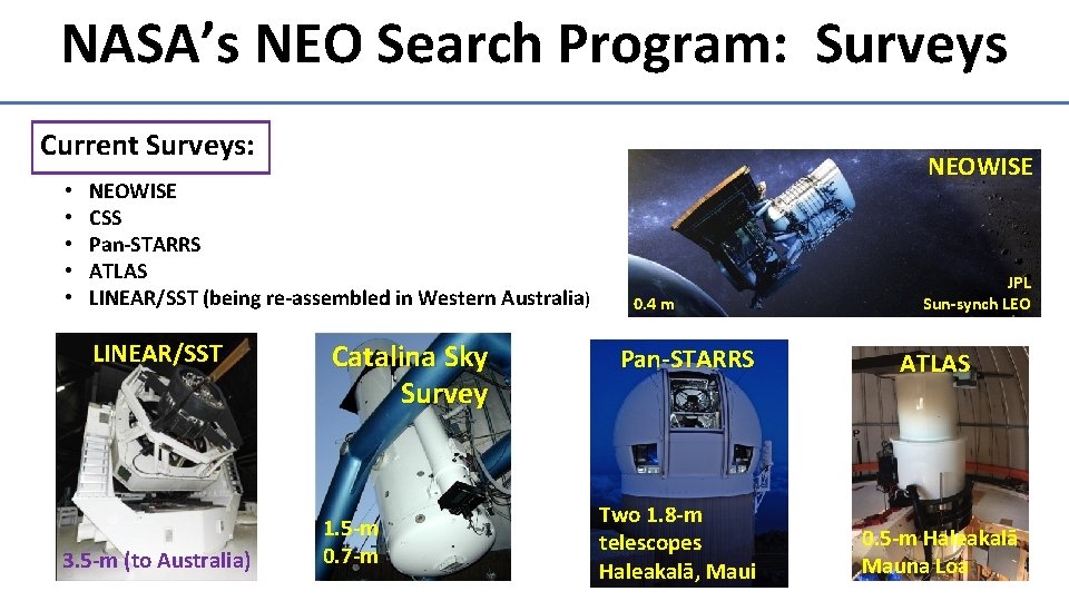 NASA’s NEO Search Program: Surveys Current Surveys: • • • NEOWISE CSS Pan-STARRS ATLAS