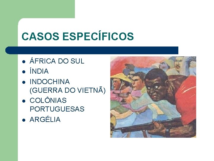 CASOS ESPECÍFICOS l l l ÁFRICA DO SUL ÍNDIA INDOCHINA (GUERRA DO VIETNÃ) COLÔNIAS