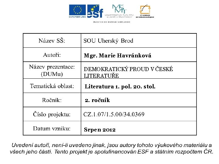 Mgr. Marie Havránková DEMOKRATICKÝ PROUD V ČESKÉ LITERATUŘE Literatura 1. pol. 20. stol. 2.