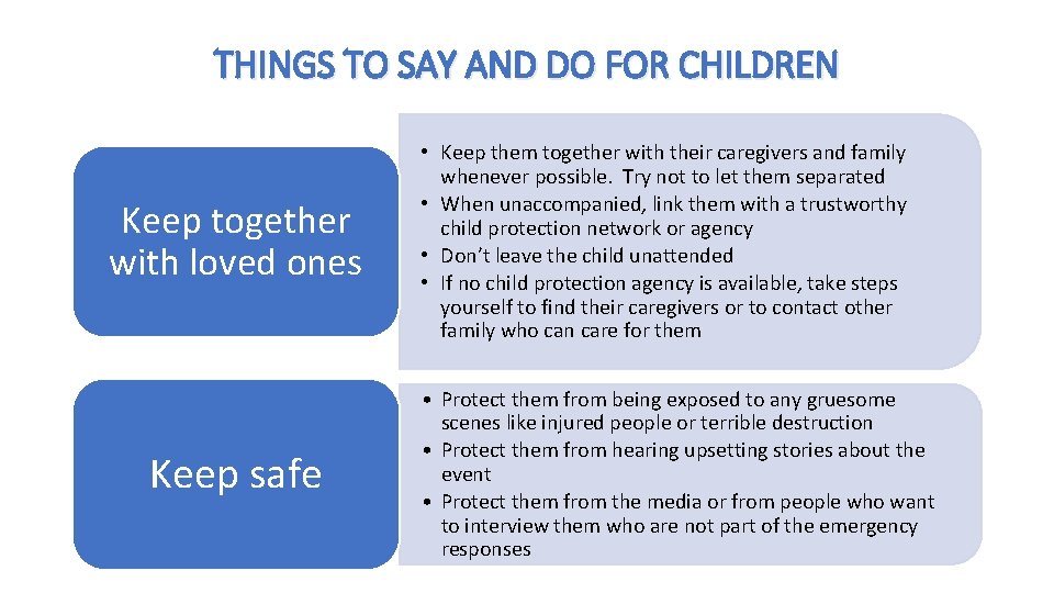 THINGS TO SAY AND DO FOR CHILDREN Keep together with loved ones Keep safe THINGS TO SAY AND DO FOR CHILDREN Keep together with loved ones Keep safe