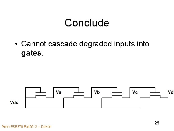 Conclude • Cannot cascade degraded inputs into gates. Penn ESE 370 Fall 2012 -- Conclude • Cannot cascade degraded inputs into gates. Penn ESE 370 Fall 2012 --