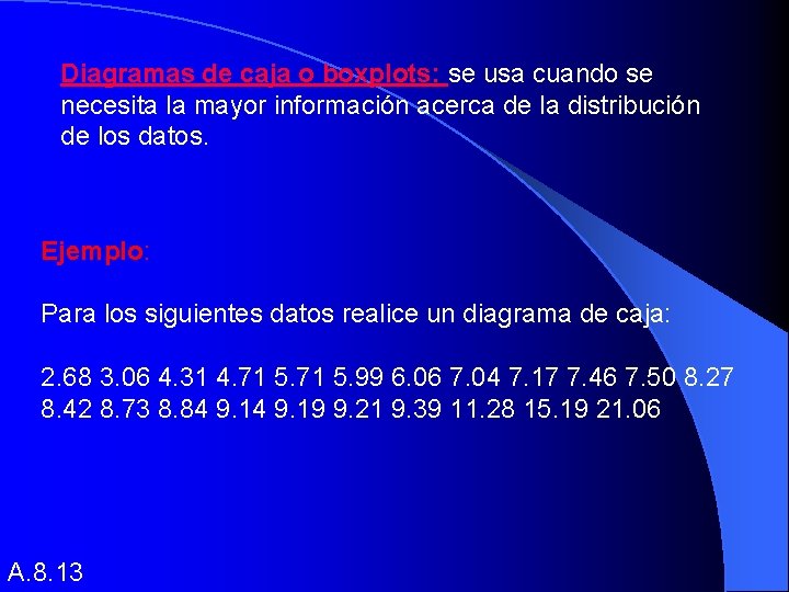 Diagramas de caja o boxplots: se usa cuando se necesita la mayor información acerca