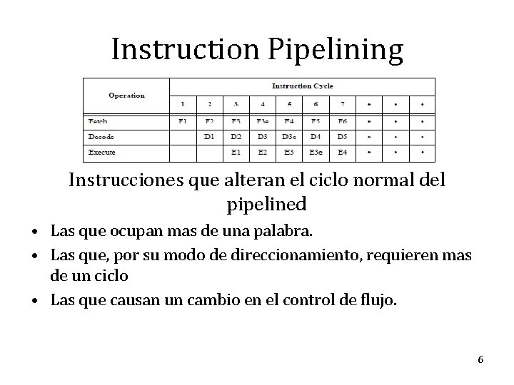 Instruction Pipelining Instrucciones que alteran el ciclo normal del pipelined • Las que ocupan