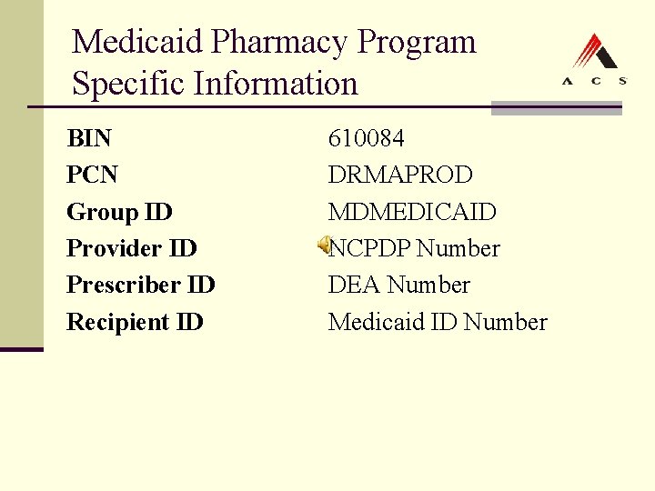 Medicaid Pharmacy Program Specific Information BIN PCN Group ID Provider ID Prescriber ID Recipient Medicaid Pharmacy Program Specific Information BIN PCN Group ID Provider ID Prescriber ID Recipient