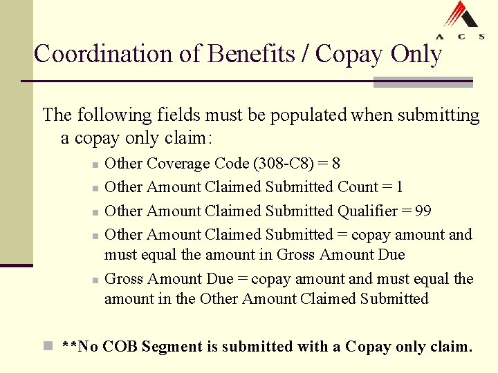 Coordination of Benefits / Copay Only The following fields must be populated when submitting Coordination of Benefits / Copay Only The following fields must be populated when submitting