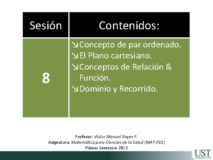 Sesión 8 Contenidos: ↘Concepto de par ordenado. ↘El Plano cartesiano. ↘Conceptos de Relación &