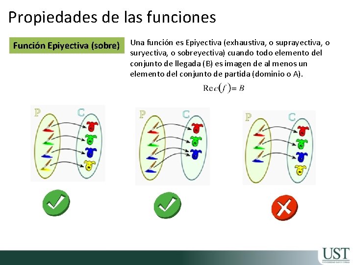 Propiedades de las funciones Función Epiyectiva (sobre) Una función es Epiyectiva (exhaustiva, o suprayectiva,