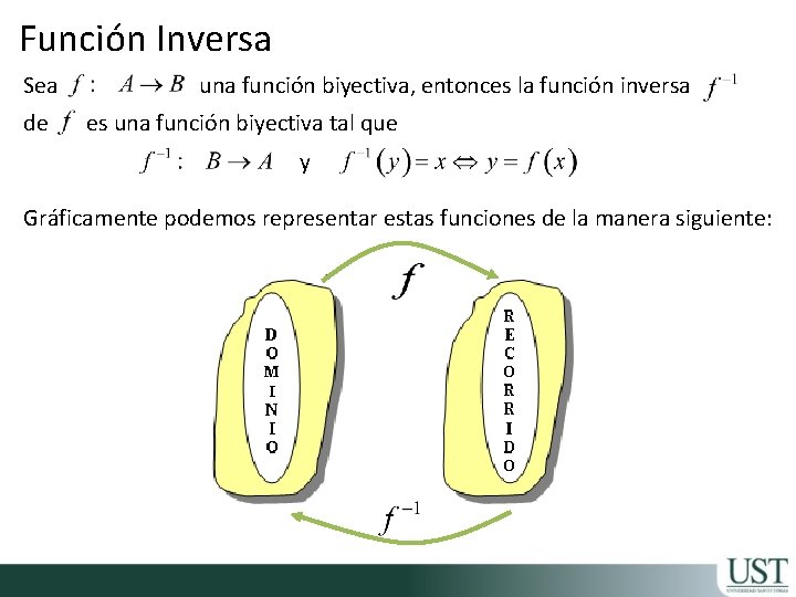 Función Inversa Sea de una función biyectiva, entonces la función inversa es una función