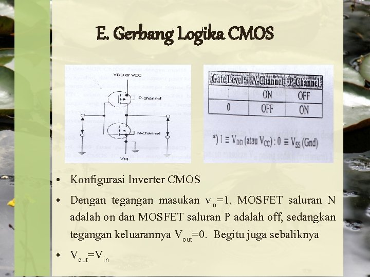 E. Gerbang Logika CMOS • Konfigurasi Inverter CMOS • Dengan tegangan masukan vin=1, MOSFET