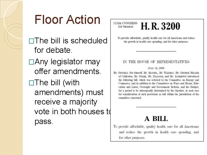 Floor Action �The bill is scheduled for debate. �Any legislator may offer amendments. �The