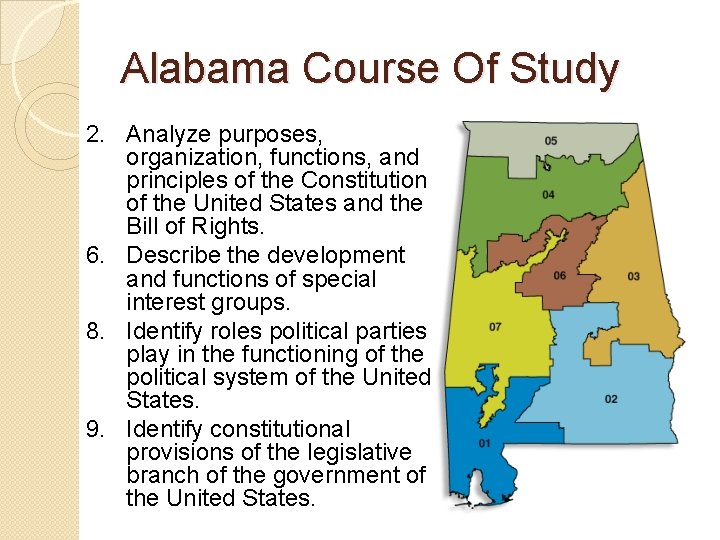 Alabama Course Of Study 2. Analyze purposes, organization, functions, and principles of the Constitution