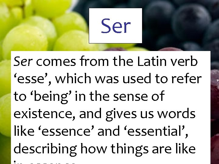 Ser comes from the Latin verb ‘esse’, which was used to refer to ‘being’