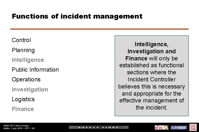 Functions of incident management Control Planning Intelligence Public Information Operations Investigation Logistics Finance AIIMS