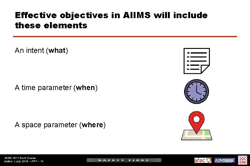 Effective objectives in AIIMS will include these elements An intent (what) A time parameter