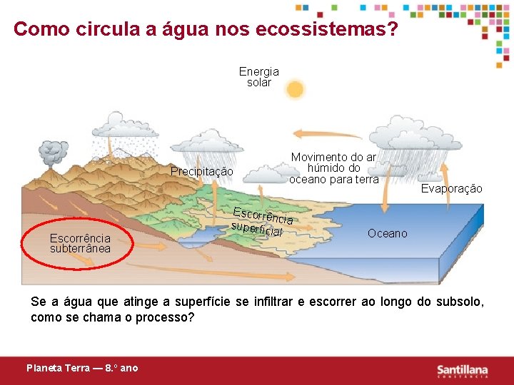 Como circula a água nos ecossistemas? Energia solar Precipitação Escorrência subterrânea Movimento do ar
