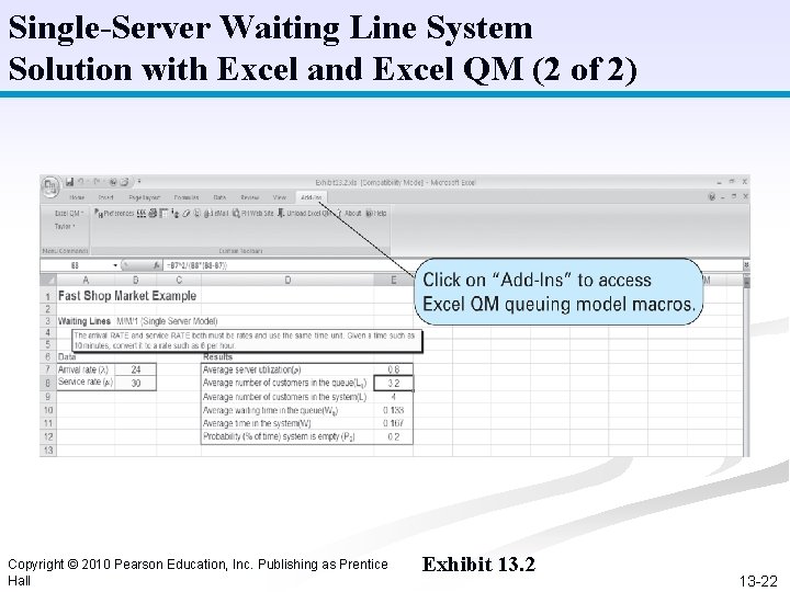 Single-Server Waiting Line System Solution with Excel and Excel QM (2 of 2) Copyright