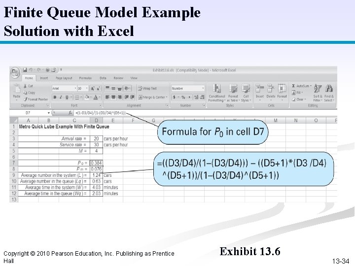 Finite Queue Model Example Solution with Excel Copyright © 2010 Pearson Education, Inc. Publishing