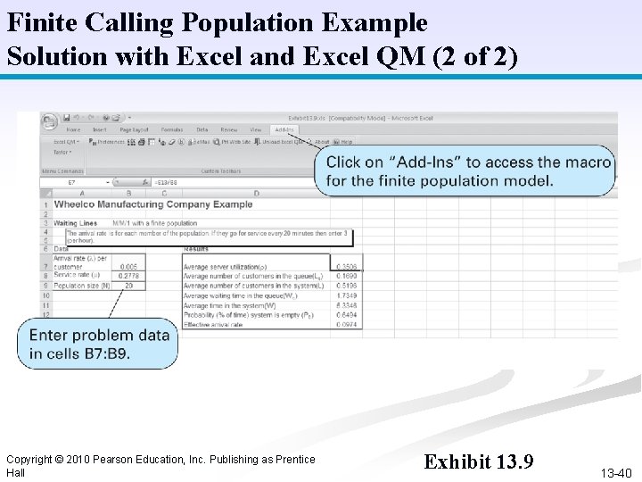 Finite Calling Population Example Solution with Excel and Excel QM (2 of 2) Copyright