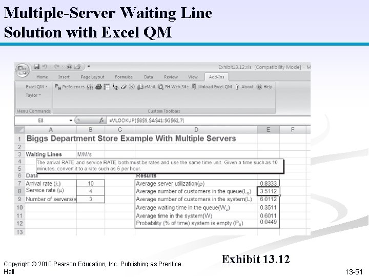 Multiple-Server Waiting Line Solution with Excel QM Copyright © 2010 Pearson Education, Inc. Publishing