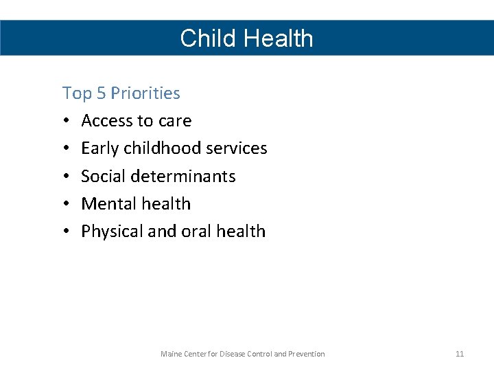 Child Health Top 5 Priorities • Access to care • Early childhood services •
