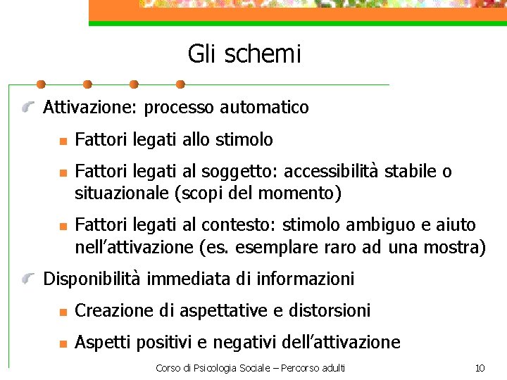 Gli schemi Attivazione: processo automatico n n n Fattori legati allo stimolo Fattori legati