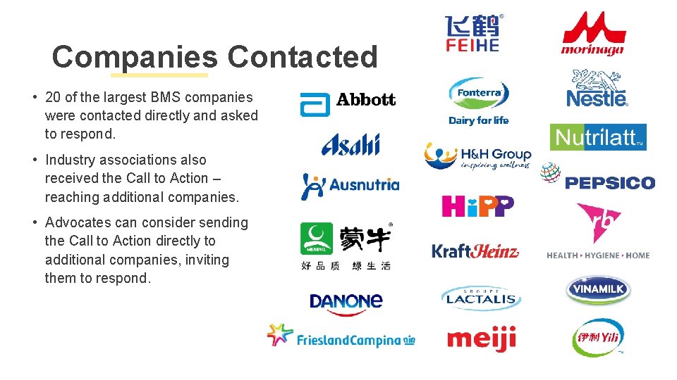 Companies Contacted • 20 of the largest BMS companies were contacted directly and asked