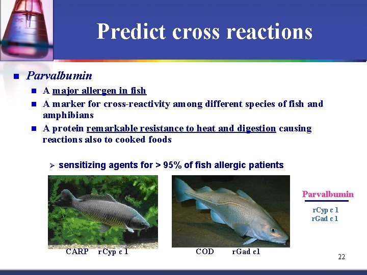 Predict cross reactions n Parvalbumin n A major allergen in fish A marker for