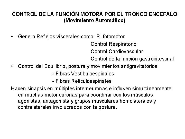 CONTROL DE LA FUNCIÓN MOTORA POR EL TRONCO ENCEFALO (Movimiento Automático) • Genera Reflejos