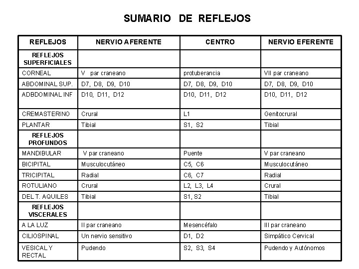 SUMARIO DE REFLEJOS NERVIO AFERENTE CENTRO NERVIO EFERENTE REFLEJOS SUPERFICIALES CORNEAL V par craneano