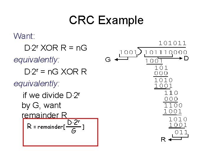 CRC Example Want: D. 2 r XOR R = n. G equivalently: D. 2