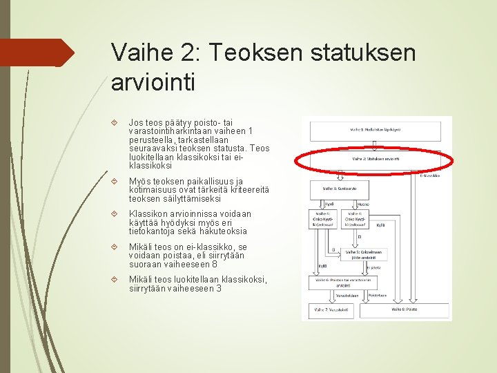 Vaihe 2: Teoksen statuksen arviointi Jos teos päätyy poisto- tai varastointiharkintaan vaiheen 1 perusteella,