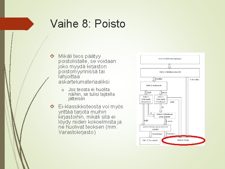 Vaihe 8: Poisto Mikäli teos päätyy poistolistalle, se voidaan joko myydä kirjaston poistomyynnissä tai