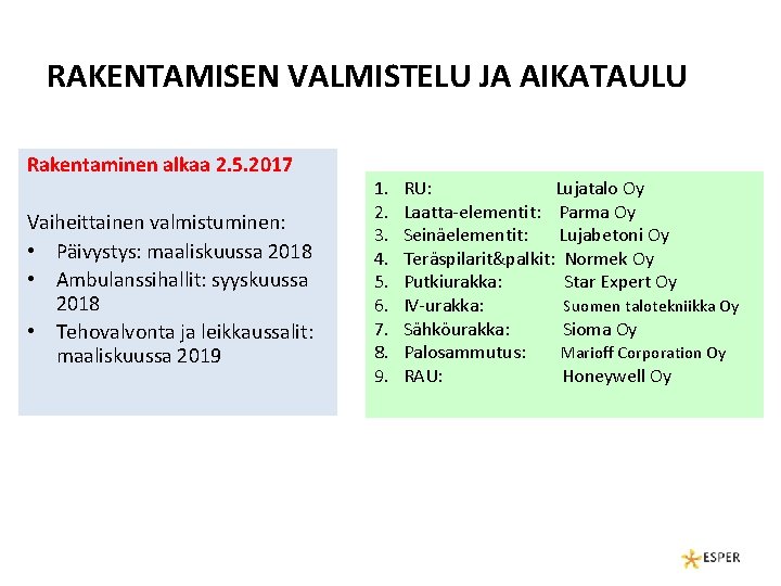 RAKENTAMISEN VALMISTELU JA AIKATAULU Rakentaminen alkaa 2. 5. 2017 Vaiheittainen valmistuminen: • Päivystys: maaliskuussa