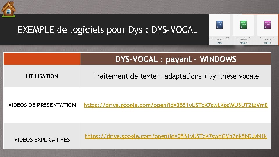 EXEMPLE de logiciels pour Dys : DYS-VOCAL : payant - WINDOWS UTILISATION Traitement de